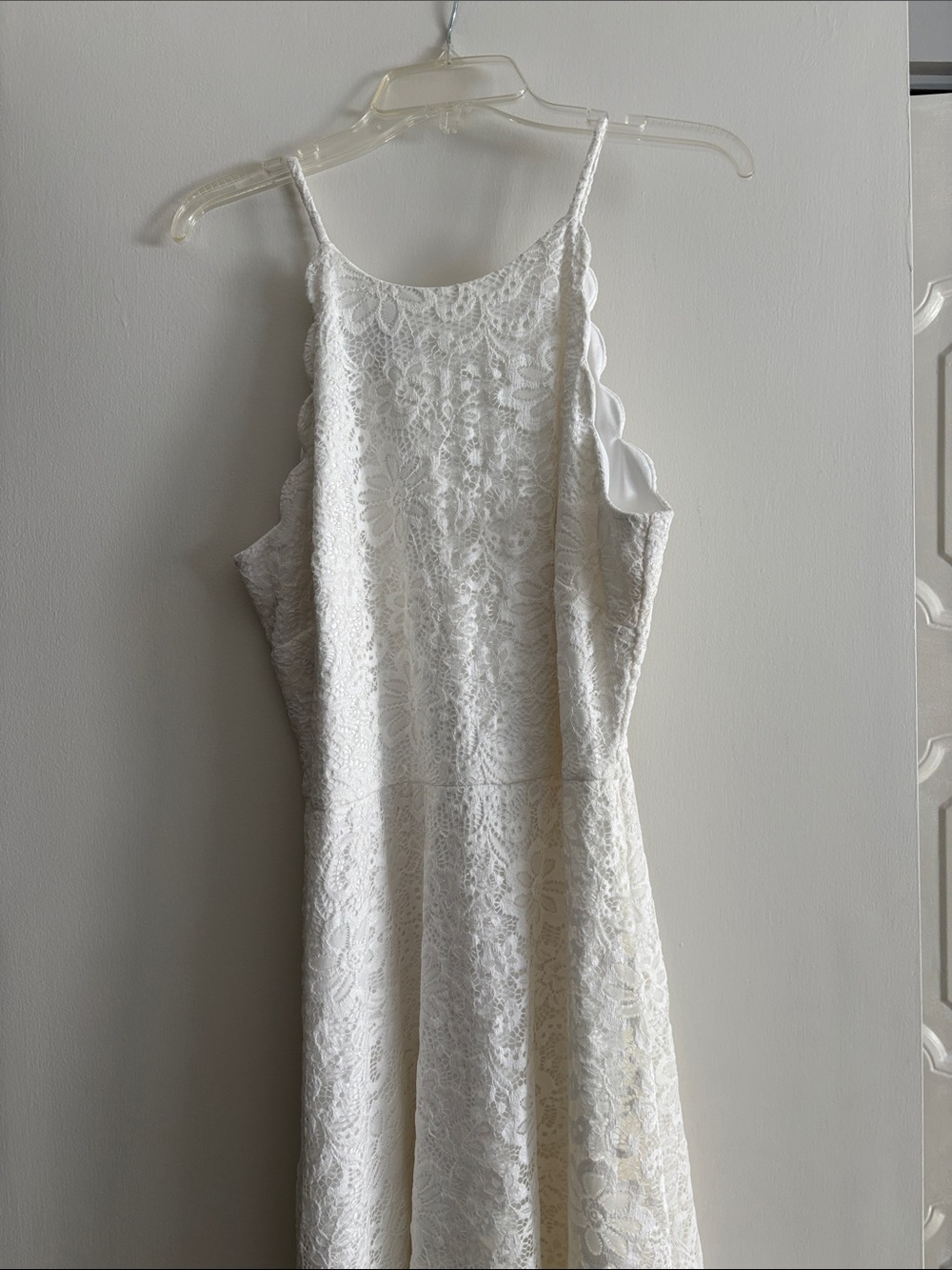 White Strapless Lace Midi Dress with Scalloped Sides